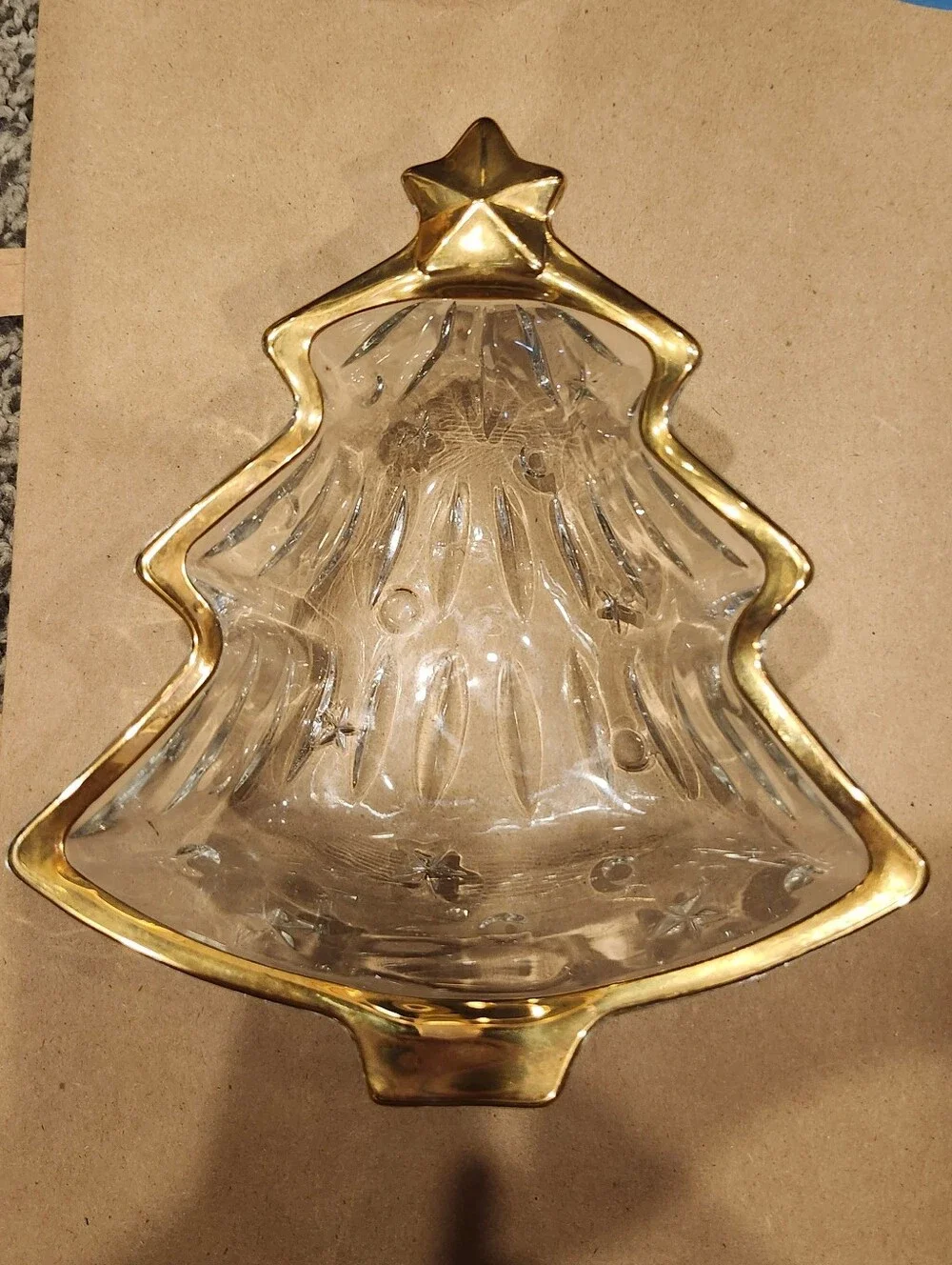 Vintage Glass Christmas Tree Dish with Gold Trim - Candy Dish